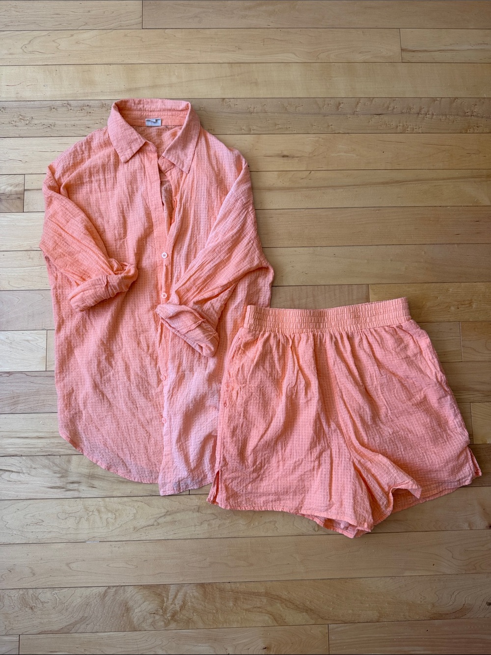 Relaxed Coral Gauze Button-Up Blouse + Short Set